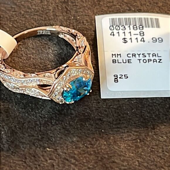 Gorgeous Blue Topaz & Crystal Ring in Rose Gold over Sterling size 8 - Picture 8 of 11